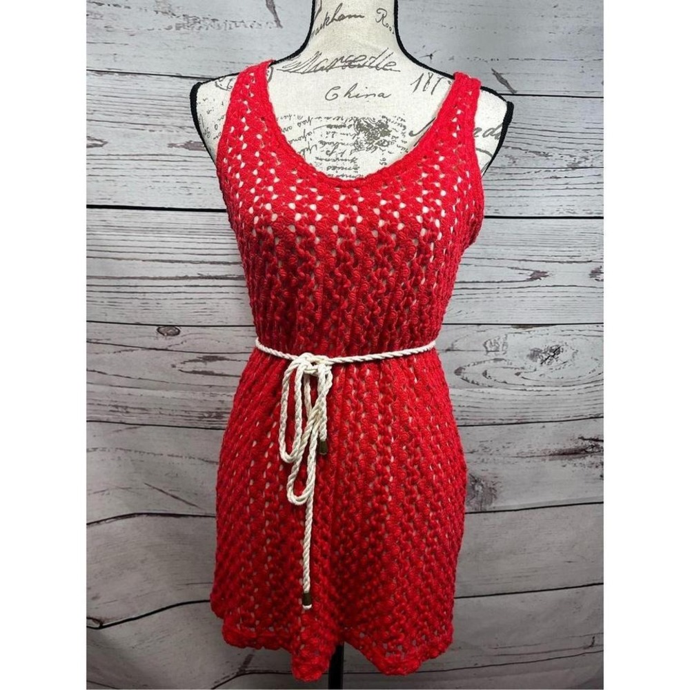 Motherhood Maternity Red Crochet Dress with Rope Belt Sleeveless Size S‎